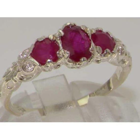 Natural Ruby Promise Ring, Solid 925 Sterling Silver Victorian style 3 Stone Trilogy Band - English Designed - Customize:9K,14K,18K