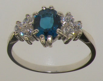 White Gold Natural London Blue Topaz & Diamond Engagement Ring | Choose from 9k, 10k or 14k White Gold