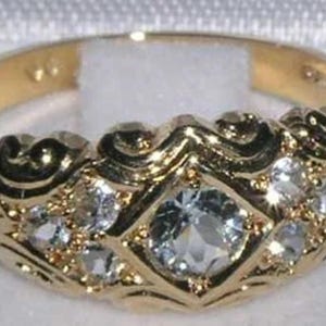 Natural Aquamarine Solid English 9K Yellow Gold Victorian Style Anniversary Band Ring - Made in England -Customize:14K,18K,Yellow,Rose,White