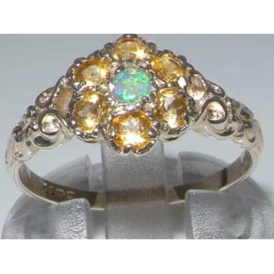 Anillo de plata de ley 925 con ópalo natural y citrino, flor pavé de margaritas, anillo de promesa de siete piedras - Hecho en Inglaterra - Personalizable