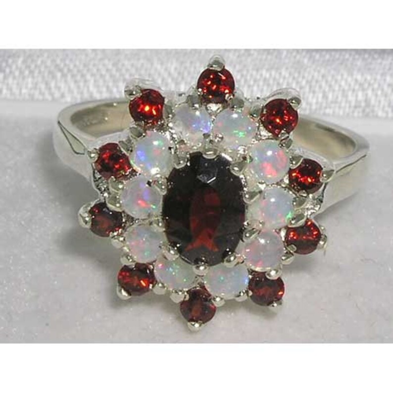 English Vintage Design Ring Customizable Solid 925 Sterling Silver Natural Garnet /& Colorful Opal Large 3 Tier Cluster Flower Ring