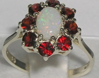 925 English Sterling Silver Natural Opal & Garnet Cluster Flower Promise Ring -Made in England-Customize:9K,14K,18K,Yellow,Rose,White