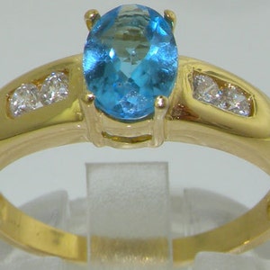18K Yellow Gold Natural Blue Topaz with Precious 0.08ct Diamond Wedding Ring, English Solitaire Style Topaz Engagement Ring- Customizable