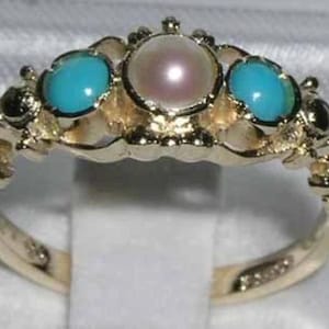14K Yellow Gold Natural Opal & Turquoise Georgian Style Dainty Pave Ring, 3 Stone Trilogy Ring -Made in England -Customize:9K,14K,Gold