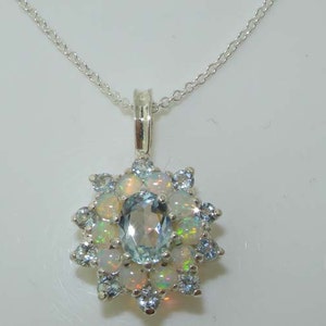 Floral Pendant Necklace, Solid 925 Sterling Silver Ornate Vibrant Natural Aquamarine & Colorful Opal 3 Tier Cluster Flower - Made in England