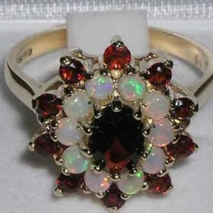 14K Yellow or White Gold Garnet & Opal Cluster Ring | Garnet and Opal Cluster | Garnet and Opal Flower Ring | Gold Opal Ring | Gold Ring