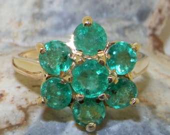 9K Yellow Gold Natural Emerald Flower Ring | Vintage Inspired Flower Ring | Gold Emerald Ring | Gold Emerald Cluster