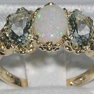 9K Yellow Gold Natural Colorful Opal & Aquamarine Trilogy Ring, Victorian Inspired Ring - Customize in Platinum, Yellow, Rose, White Gold