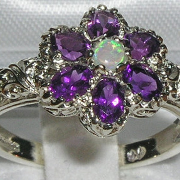 English 9K 9ct White Gold Natural Natural Colorful Opal & Amethyst Victorian Style Carved Ring, Cluster Flower Ring - Customize:14K,18K