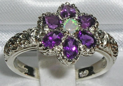 Solid English 925 Sterling Silver Natural Opal & Amethyst - Etsy