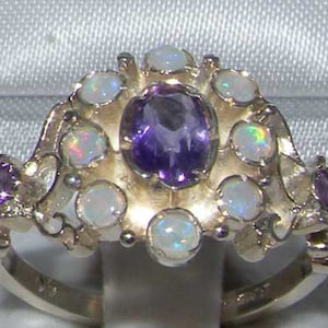 Solid 925 Sterling Silver Natural Amethyst & Colorful Opal Unique Rosette Flower Cluster Pave Ring - English Antique Style - Customizable