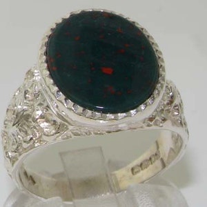 Mens Solid 925 Sterling Silver Natural Oval Cut Bloodstone Milled Edge Signet Ring, British Vintage Design Ring - Customize Size and Stone