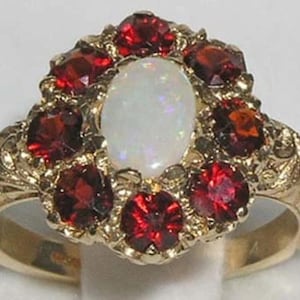 9K Yellow Gold Cabouchon Natural Opal & Garnet Cluster Flower Ring, Victorian Style Carved Engagement Ring - Made in England