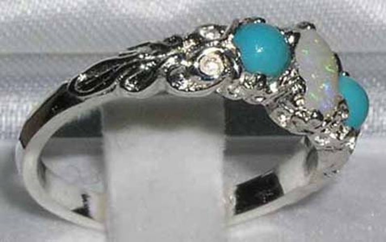 M and T UK I Sterling Silver Natural Opal /& Turquoise Victorian Trilogy Ring Four Available in sizes US 4 6 and 9.5 Sample Sale