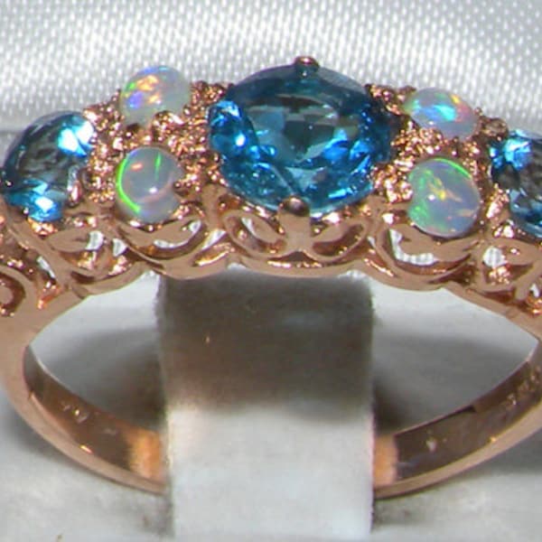 Solid 9K Rose Gold Natural Swiss Blue Topaz & Colorful Opal Vintage Style Trilogy Band Ring -Made in England- Antique Victorian Style