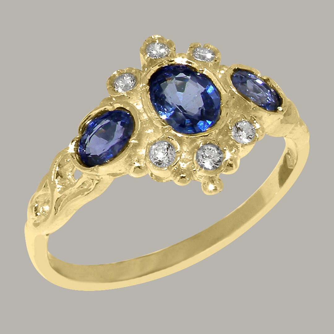 Yellow Gold Natural Sapphire & Diamond Womens Trilogy Ring