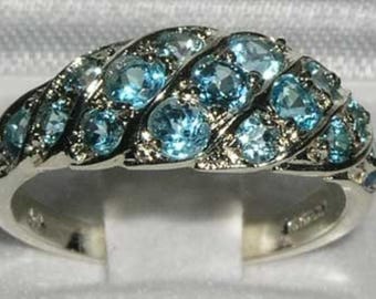Solid 14K White Gold Natural Blue Topaz Cluster Eternity Band, Wave Ring, Anniversary Ring - Made in England - Customize: 9K,14K,18K