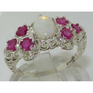 Natural Opal & Ruby Solid English 9K White Gold  Victorian Style Unique Engagement Ring -Made in England-Customize:14K,18K,Yellow,Rose,White