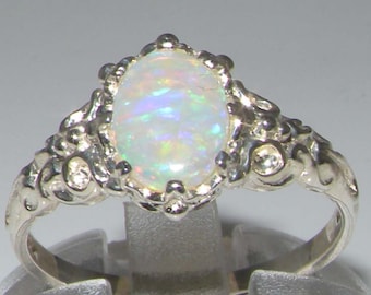 Luxurious Solid 925 Sterling Silver Natural Colorful Opal Vintage Inspired Solitaire Engagement Ring, Anniversary Ring
