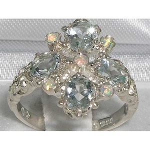 Large Solid 925 Sterling Silver Natural Colorful Opal & Aquamarine Ring, English Unique Vintage Victorian Design Ring - Customizable