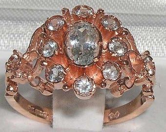 Anillo inglés de oro rosa de 14 quilates con aguamarina natural y diseño único de roseta con pavé de flores - Estilo antiguo - Personalizable: oro de 9K, 14K, 18K