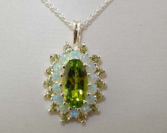 Sterling Silver Natural Peridot & Opal 3 Tier Large Cluster Flower Classic Pendant with Necklace