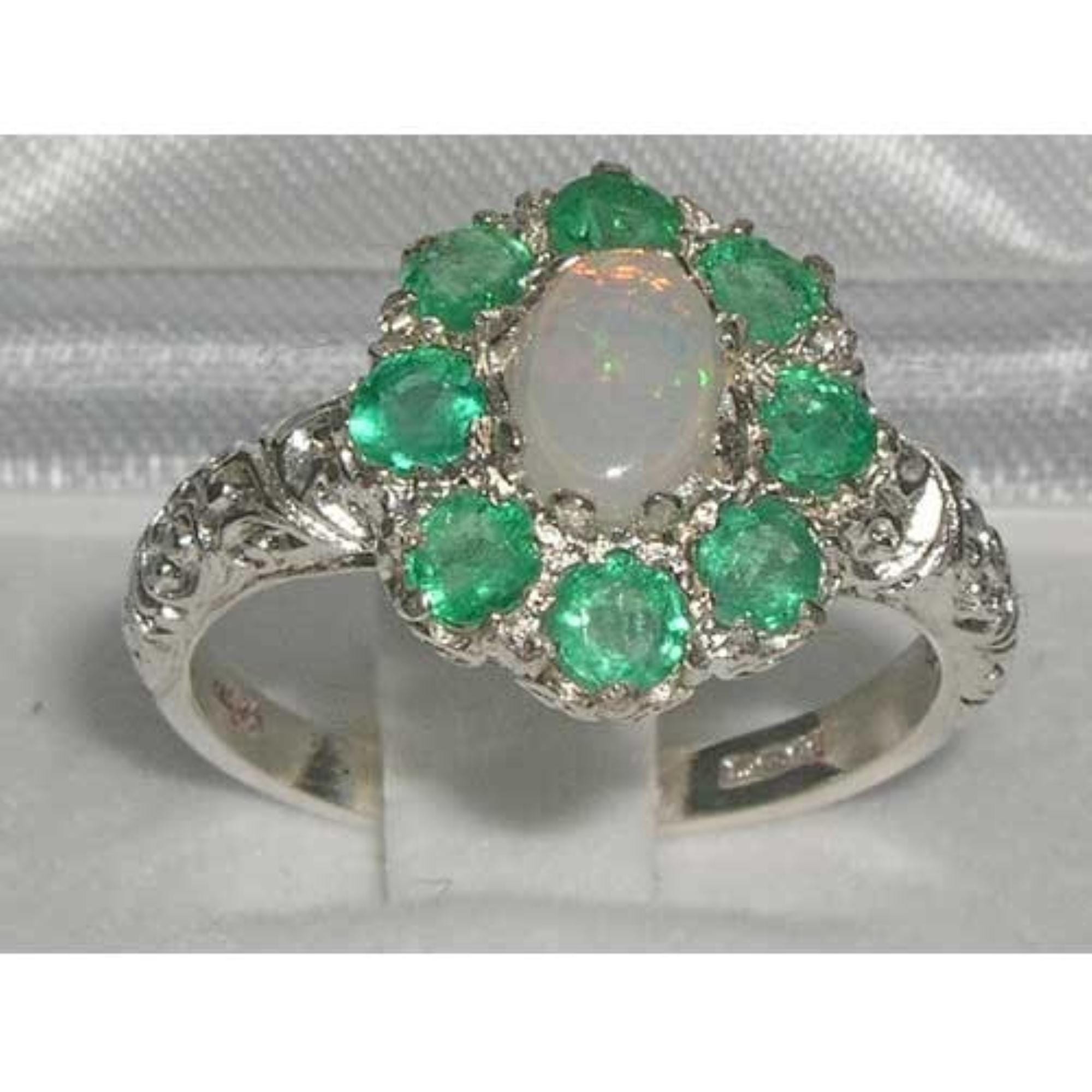 925 English Sterling Silver Natural Opal & Emerald Carved Cluster Flower Promise Ring - Made in England -Customize:9K,14K,18K,Gold