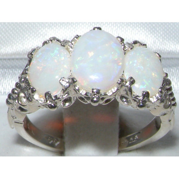 925 Sterling Silver Natural Colorful Opal English Antique Style Carved Ring, Prong Setting 3 Stone Trilogy Ring - Customize:9K,14K,18K
