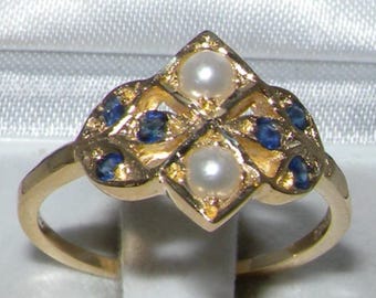 Dainty 9K 375 Yellow Gold Natural Freshwater Pearl & Light Blue Sapphire Cluster Ring, English Antique  Vintage Style  Design Ring