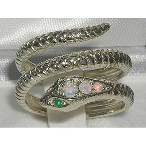 925 Sterling Silver Natural Colorful Opal & Emerald Coiled Snake Ring - Customize:Platinum,9K,10K,14K,18K