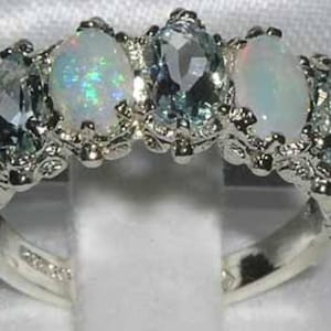 14K White Gold Natural Aquamarine &  Colorful Opal Half Eternity Band, English Victorian Design  Ring - Customize: 9K,18K