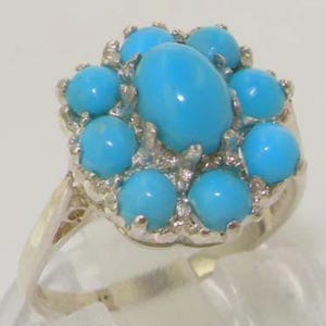 925 Sterling Silver Natural Blue Turquoise Anniversary Ring, English Antique Style Floral Ring, Unique Cluster Flower Ring - Customizable