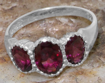 9k White Gold Natural Garnet womens Trilogy Ring - Customizable 9K,10K,14K,18K, Yellow, Rose or White Gold or Platinum