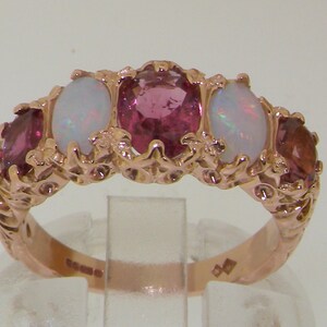 18K 18ct Rose Gold Pink Tourmaline and Opal Ornate Five Stone Anniversary Ring  - Made in England -Customize:14K,18K,Yellow,Rose,White