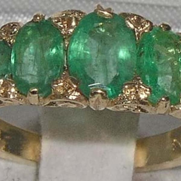 English 14K 14ct Yellow Gold Large Emerald 5 Stone Half Eternity Band, Anniversary Ring - Made in England - Customize: 9K, 18K Gold