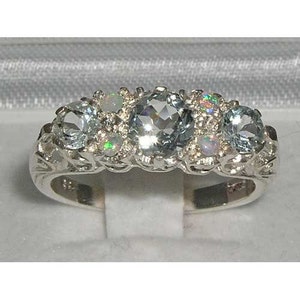 925 Solid English Sterling Silver Natural Aquamarine & Opal Filigree Victorian Inspired Ring - Made in England
