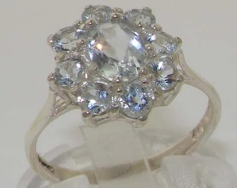 Natural 1.5ct Aquamarine Ring, Solid 925 English Sterling Silver Cluster Flower Ring - Made in England - Customize:9K,14K,18K