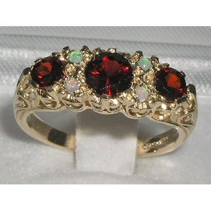 Natural Garnet & Opal 9K English Yellow Gold Victorian Trilogy Style Filigree Engagement Ring - Made in England - Customizable