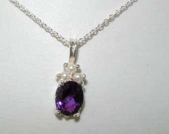 Luxury Solid 925 Sterling Silver Natural Amethyst & Freshwater Pearl Contemporary Pendant Necklace - Made in England