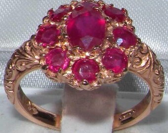 Bague d'anniversaire en or rose massif 14 carats 585 rubis naturel, bague en grappe de fleurs, bague ornementale de style victorien anglais - personnalisable