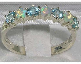 White Gold Natural Opal & Blue Topaz Half Eternity  Band Ring - Chose from 9K, 10K, 14K or 18K