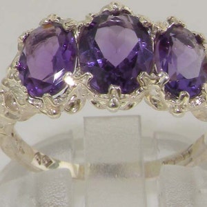 9K White Gold 2.6ct Natural Amethyst 3 Stone English Victorian Style Ring, Trilogy Prong Setting Ring - Made in England - Customizable