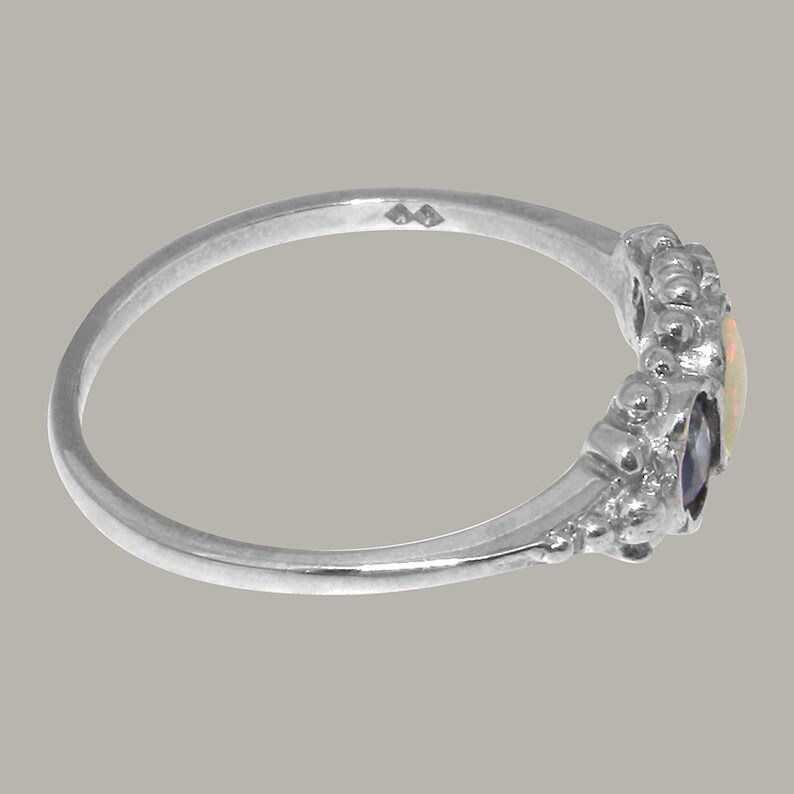 925 Sterling Silver Natural Opal /& Sapphire Womens Trilogy Ring Rose or White Gold or Platinum Customizable 9K,10K,14K,18K Yellow
