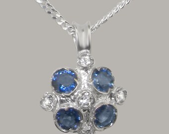 925 Sterling Silver Natural Diamond & Sapphire womens Vintage Pendant - Customizable 9K,10K,14K,18K Yellow, Rose or White Gold or Platinum