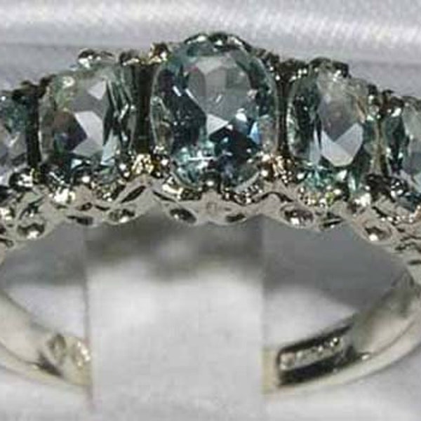Solid 9K White Gold Natural 5 Aquamarine Engagement Ring, Anniversary Ring, English Vintage Style Ring, Eternity Ring - Customize:14K,18K