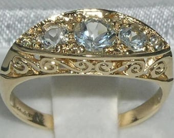 Anillo de oro amarillo macizo de 9 quilates con aguamarina natural, estilo victoriano antiguo, anillo de aniversario - Personalizable
