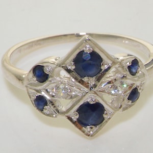 Dainty 925 Sterling silver Natural Dark Blue Sapphire & Diamond Cluster  Design Ring, English Antique Vintage Style Ring