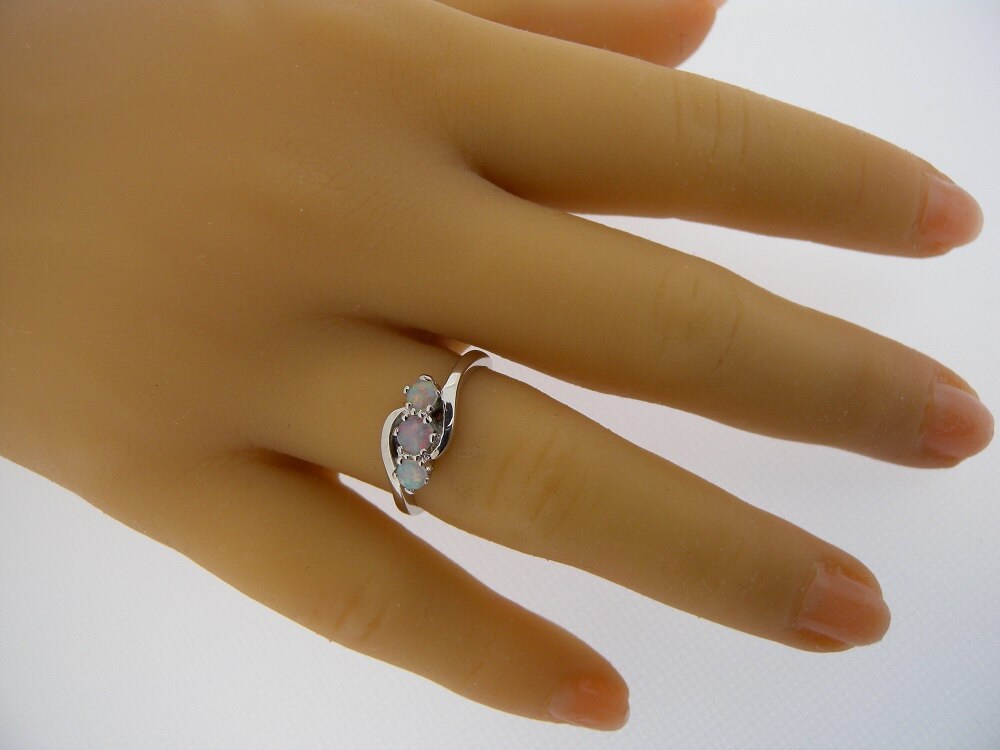 925 Sterling Silver Natural Opal Womens Trilogy Ring - Customizable ...