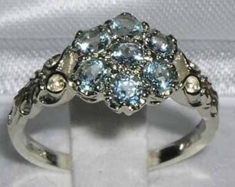English 925 Sterling Silver Natural Aquamarine Cluster Daisy Flower Pave Ring, Victorian Style Carved Ring, 7 Stone Ring - Customizable