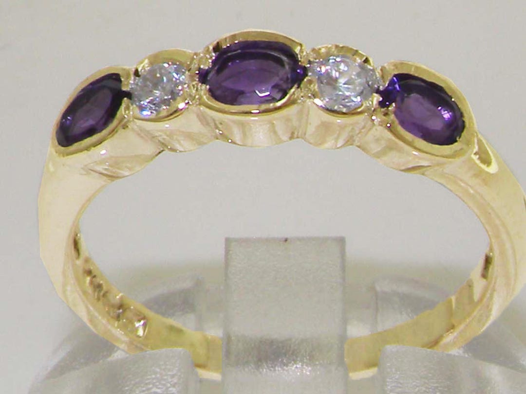 10k Yellow Gold Natural Amethyst & Cubic Zirconia Womens Eternity Ring ...